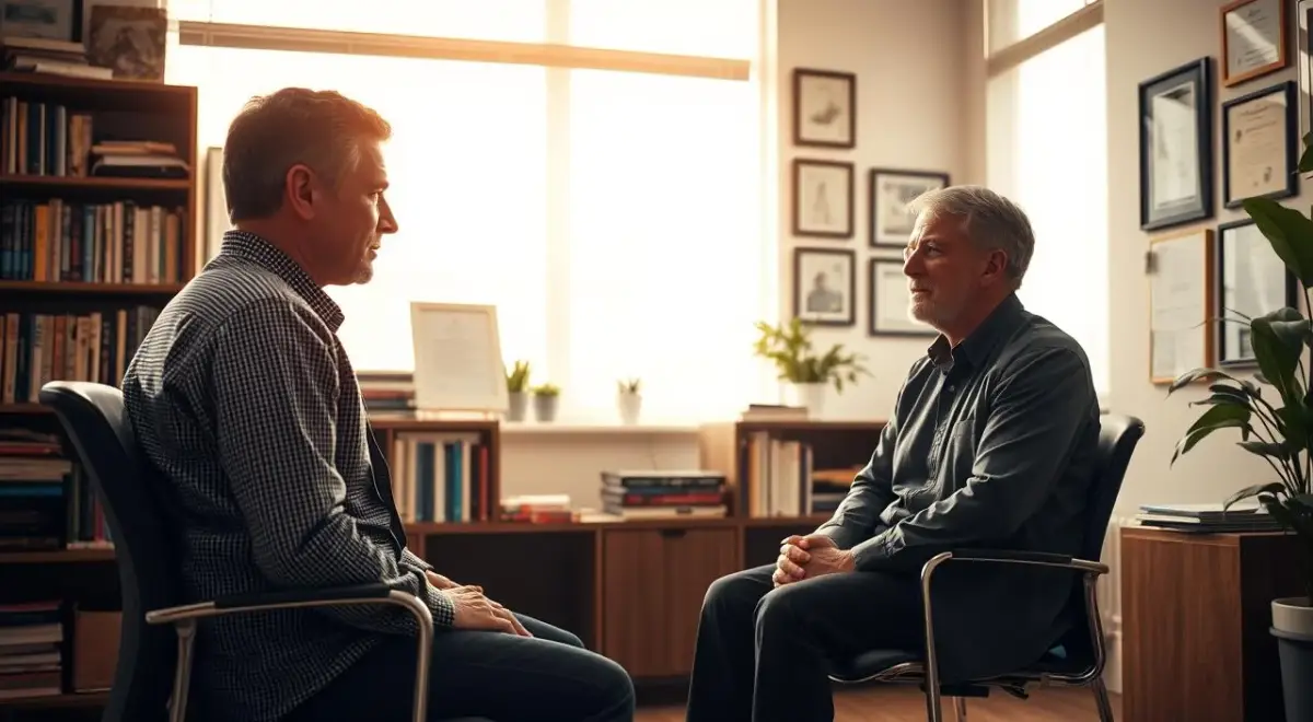 A professional psychologist's office, flooded with warm, natural light from large windows. In the foreground, a patient sits across from the psychologist, engaged in a deep, thoughtful discussion. The psychologist's expression is one of empathy and active listening, guiding the patient through the diagnostic process. The middle ground features an array of books, diagnostic tools, and certificates on the walls, conveying the psychologist's expertise. The background is softly blurred, creating a sense of privacy and focus on the central interaction. The mood is contemplative, with a sense of trust and understanding between the two figures. A professional psychologist's office, flooded with warm, natural light from large windows.