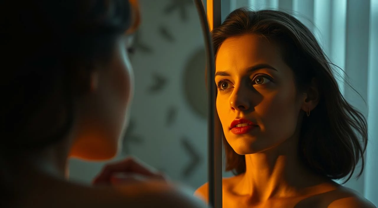 A self-reflective woman gazing into a mirror, her face illuminated by soft, diffused lighting that casts a warm, introspective atmosphere. The mirror's surface is slightly distorted, symbolizing the complex relationship between self-image and self-esteem. In the background, abstract shapes and patterns suggest the interplay of inner and outer perceptions. The scene conveys a sense of thoughtful contemplation, inviting the viewer to consider the nuanced connections between how we see ourselves and how we are perceived by others. A self-reflective woman gazing into a mirror, her face illuminated by soft, diffused lighting that casts a warm,...
