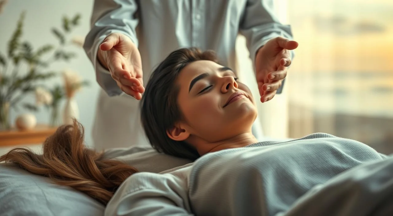 A serene and calming hypnotherapy session for anxiety and depression. In the foreground, a person in a comfortable, reclined position, eyes closed, deeply relaxed. The therapist, their hands gently guiding the patient into a state of trance, creates a sense of safety and trust. The middle ground features soothing, nature-inspired elements like soft lighting, muted colors, and calming music or ambient sounds. In the background, a tranquil, abstract landscape evokes a sense of inner peace and mindfulness. The overall atmosphere is one of tranquility, introspection, and the therapeutic power of the mind. A serene and calming hypnotherapy session for anxiety and depression.