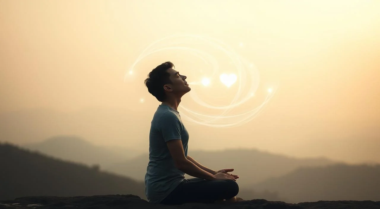 A serene and contemplative scene depicting the relationship between breathing and emotional state. In the foreground, a person sits in a relaxed, meditative pose, their eyes closed and their breath deep and rhythmic. The middle ground shows a swirl of ethereal, translucent energy emanating from the person, representing the connection between their breath and inner emotional landscape. The background is a soft, hazy landscape, with muted colors and a sense of tranquility, enhancing the calming and introspective atmosphere. Gentle, diffused lighting illuminates the scene, creating a sense of peace and balance. The overall composition conveys the idea of emotional control and self-awareness through conscious breathing. A serene and contemplative scene depicting the relationship between breathing and emotional state.