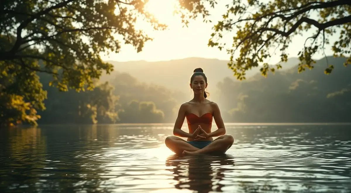 A serene and peaceful scene depicting "mental health". In the foreground, a person sits cross-legged on a tranquil lake, their face radiating a sense of inner calm and focus. The middle ground features a lush forest canopy, with dappled sunlight filtering through the leaves. In the background, gentle rolling hills recede into the distance, creating a sense of depth and expansiveness. The overall atmosphere is one of mindfulness, balance, and a deep connection to the natural world. The lighting is soft and warm, creating a soothing and meditative ambiance. Captured with a wide-angle lens to emphasize the spaciousness and grandeur of the scene. A serene and peaceful scene depicting "mental health" (mental health).