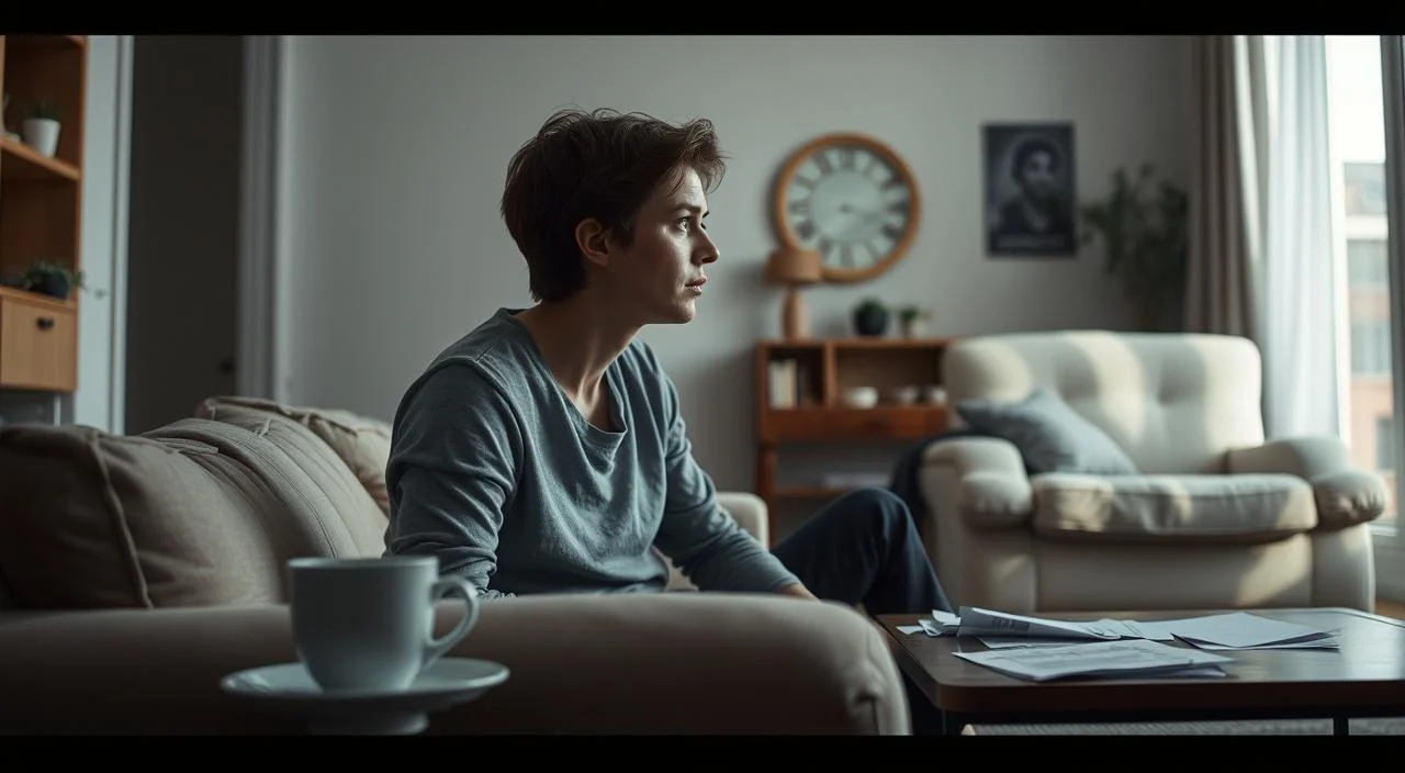 A serene and softly-lit domestic scene, capturing the subtle impacts of anxiety on everyday life. In the foreground, a person sits on a couch, shoulders slightly hunched, gazing thoughtfully into the distance. Muted colors and a sense of quiet contemplation permeates the space. In the middle ground, a table with a half-finished cup of tea and scattered papers suggests the disruption of routine tasks. The background reveals a warm, comforting living room, but the overall atmosphere conveys a sense of unease and distraction. Soft, natural lighting casts gentle shadows, underscoring the internal struggle. The image aims to evoke the psychological toll of anxiety, while maintaining a relatable, everyday context. A serene and softly-lit domestic scene, capturing the subtle impacts of anxiety on everyday life.
