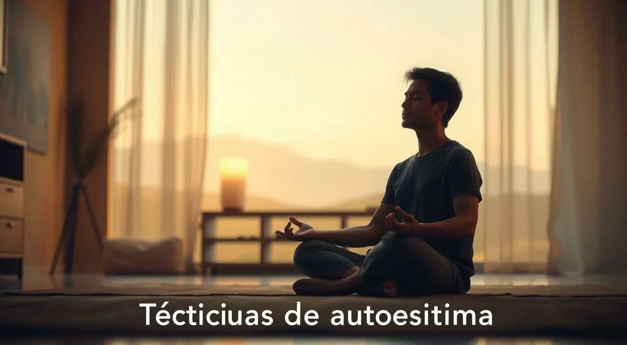 A serene and tranquil scene, showcasing a person meditating in a cozy, warm-lit room. The foreground features the individual sitting cross-legged, eyes closed, hands resting on their lap, exuding a sense of calm and inner focus. The middle ground presents a minimalist yet inviting space, with soft, earthy tones complementing the meditative atmosphere. The background gently fades into a soothing, abstract landscape, creating a sense of depth and visual harmony. Subtle lighting, perhaps from a soft table lamp or natural sunlight, casts a gentle glow, highlighting the serene, introspective nature of the scene. This image aims to visually convey the idea of "Self-esteem techniques" - the process of self-reflection, self-acceptance, and inner growth. A serene and tranquil scene, showcasing a person meditating in a cozy, warm-lit room.