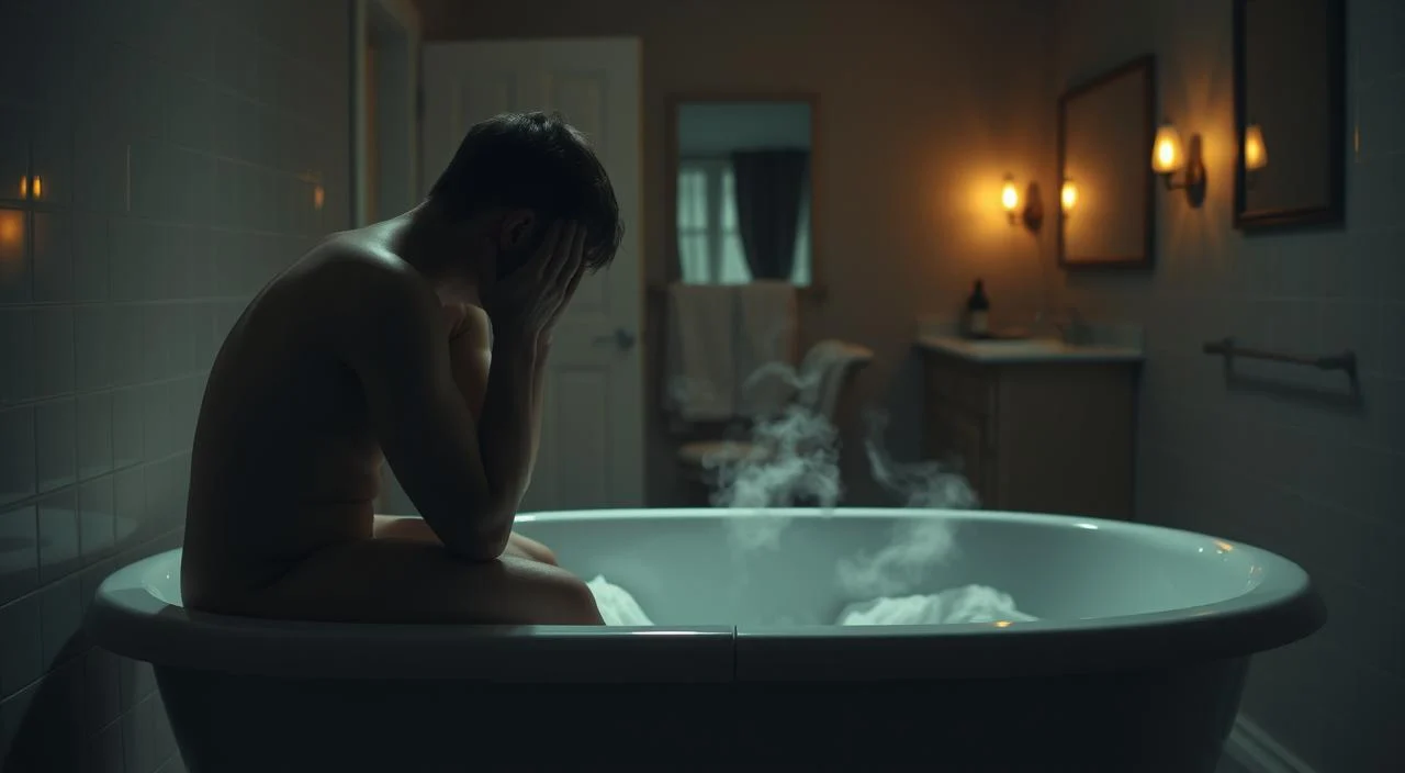 A serene bathroom scene, dimly lit with warm ambient lighting.