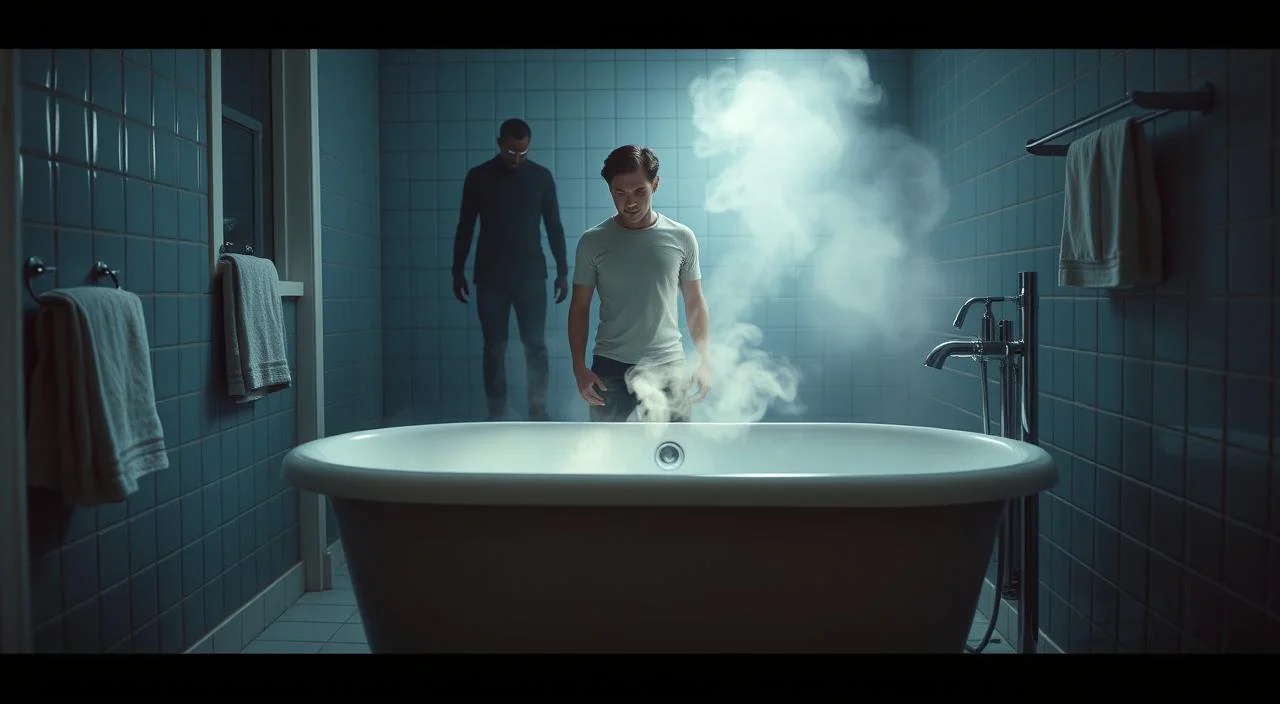 A serene bathroom setting with soothing blue tones and soft lighting.