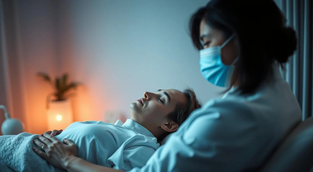 A serene clinical setting with a hypnotherapist guiding a patient through a relaxing hypnosis session. The therapist's face is obscured, but their calming presence is felt. The patient reclines comfortably, eyes closed, as soothing ambient lighting and soft textures create a tranquil atmosphere. Subtle visual cues like swirling patterns or a pendulum suggest the hypnotic state, while the overall composition conveys the therapeutic nature of the scene. The image should evoke a sense of clinical professionalism and the potential for healing anxiety through the power of hypnosis. A serene clinical setting with a hypnotherapist guiding a patient through a relaxing hypnosis session.