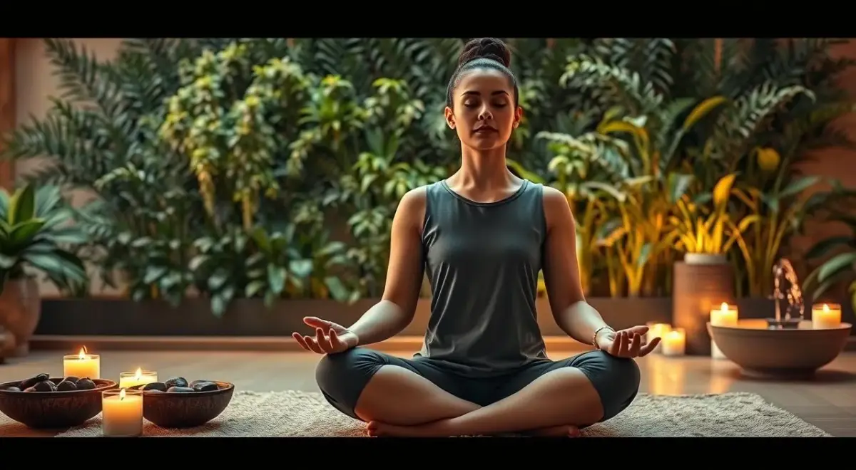 A serene, contemplative scene depicting various relaxation techniques. In the foreground, a person sitting cross-legged on a plush mat, eyes closed in meditation, their expression calm and centered. Surrounding them, an array of soothing elements - scented candles, a bowl of river stones, and a small fountain providing a gentle, calming ambiance. The middle ground showcases a wall of lush, verdant plants, their leaves rustling softly. The background features warm, diffused lighting, creating a cozy, spa-like atmosphere. The overall mood is one of tranquility, inviting the viewer to find their own sense of inner peace and relaxation. A serene, contemplative scene depicting various relaxation techniques.