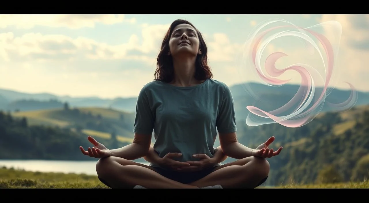 A serene, contemplative scene of emotional self-awareness. In the foreground, a person sits cross-legged, eyes closed, hands resting gently on their lap, radiating an aura of inner peace and focused introspection. The middle ground features a lush, verdant landscape with rolling hills, a calm lake, and a clear sky with soft, diffused lighting, evoking a sense of harmony and tranquility. In the background, abstract shapes and forms swirl and dance, representing the dynamic inner landscape of emotions and the process of emotional self-discovery. The overall composition conveys a sense of balance, clarity, and the transformative power of emotional self-knowledge. A serene, contemplative scene of emotional self-awareness.