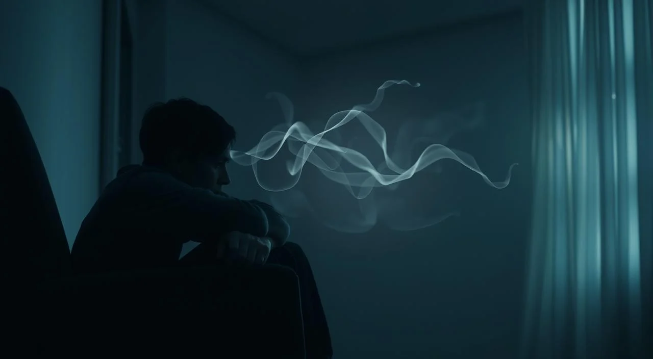 A serene, dimly lit interior scene depicting the physical and emotional symptoms of anxiety. In the foreground, a person sits hunched on a chair, hands gripping the armrests tightly, face contorted with worry. Subtle lighting casts dramatic shadows, creating a somber, introspective atmosphere. In the middle ground, wisps of anxiety manifest as translucent, ethereal forms swirling around the individual, representing the racing thoughts and overwhelming sensations. The background is softly blurred, suggesting a sense of isolation and detachment from the external world. The overall composition conveys the intensity and debilitating nature of the anxiety experience through a visually compelling and emotive representation. A serene, dimly lit interior scene depicting the physical and emotional symptoms of anxiety.