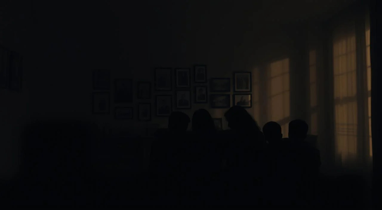 A serene, dimly lit interior space with a family of figures seated together, their silhouettes casting long shadows across the walls. The foreground features an intimate gathering, with individuals of different ages and genders embracing and intertwining, their postures suggesting a sense of familiarity and comfort. The middle ground reveals a series of framed photographs and mementos adorning the walls, hinting at the layers of personal history and shared experiences that bind this family together. The background is shrouded in a warm, muted palette, creating a sense of introspection and nostalgia. The overall atmosphere conveys the psychological roots and learned patterns that shape our most fundamental relationships and sense of identity. A serene, dimly lit interior space with a family of figures seated together, their silhouettes casting long shadows...