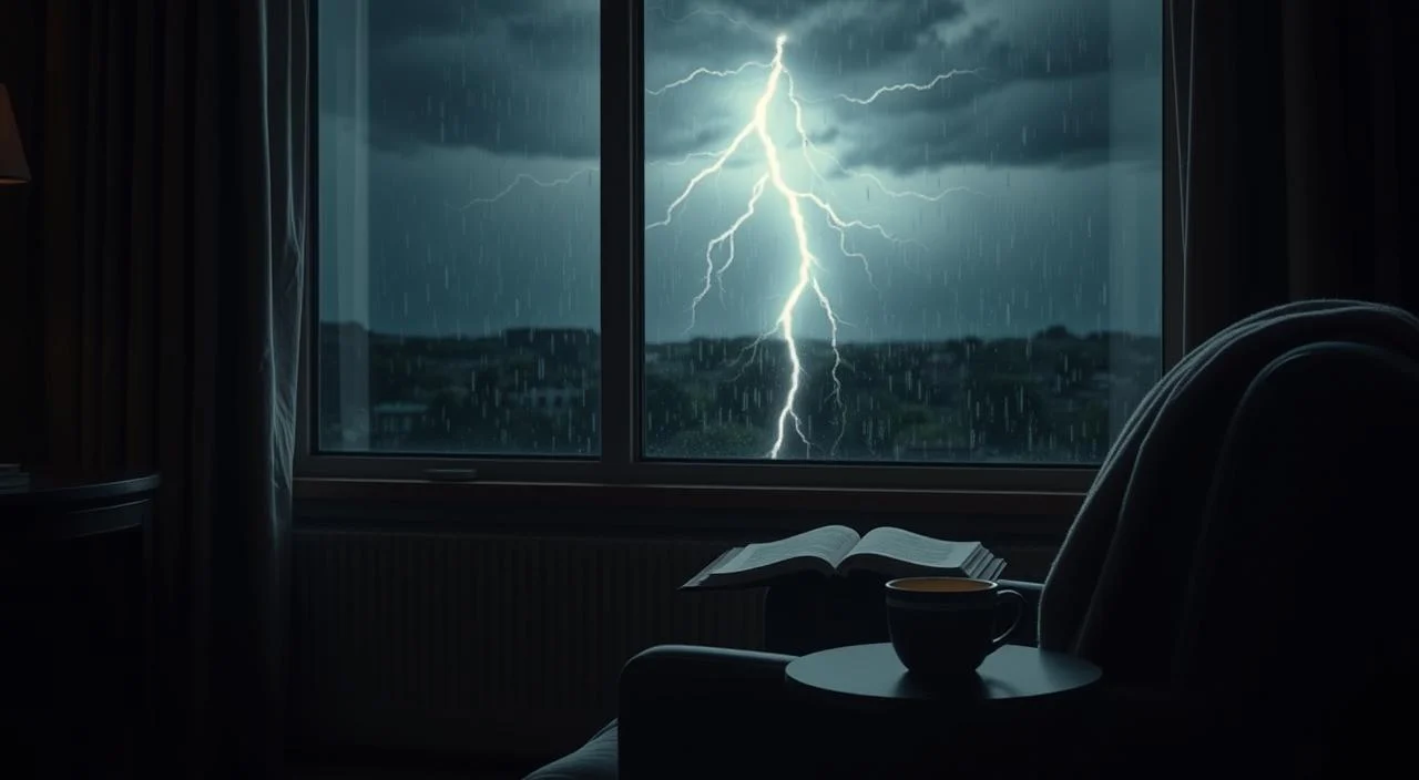 A serene, dimly lit room with a comfortable armchair and a soft throw blanket. A large window in the background overlooks a stormy landscape, with rain gently patterning the glass and flashes of lightning illuminating the sky. On a small table beside the chair, a steaming mug of tea and a journal lie open, suggesting a peaceful refuge from the external chaos. The lighting is warm and cozy, creating a sense of safety and inner calm. The overall atmosphere evokes a feeling of introspection and thoughtful strategies for managing anxiety during extreme weather events. A serene, dimly lit room with a comfortable armchair and a soft throw blanket.