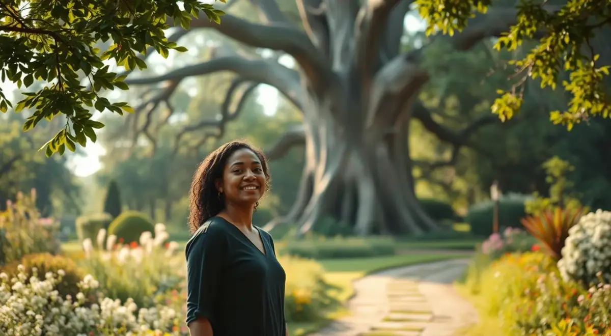A serene garden setting, with a path winding through lush greenery and blooming flowers. In the foreground, a person stands tall, their face radiant with a sense of inner peace and self-acceptance. Warm, diffused lighting bathes the scene, creating a tranquil atmosphere. The background features a towering, majestic tree, its branches reaching skyward, symbolizing the journey of overcoming fear and embracing one's true self. The overall composition conveys a sense of personal growth, resilience, and the freedom to be authentic without the burden of judgment. A serene garden setting, with a path winding through lush greenery and blooming flowers.