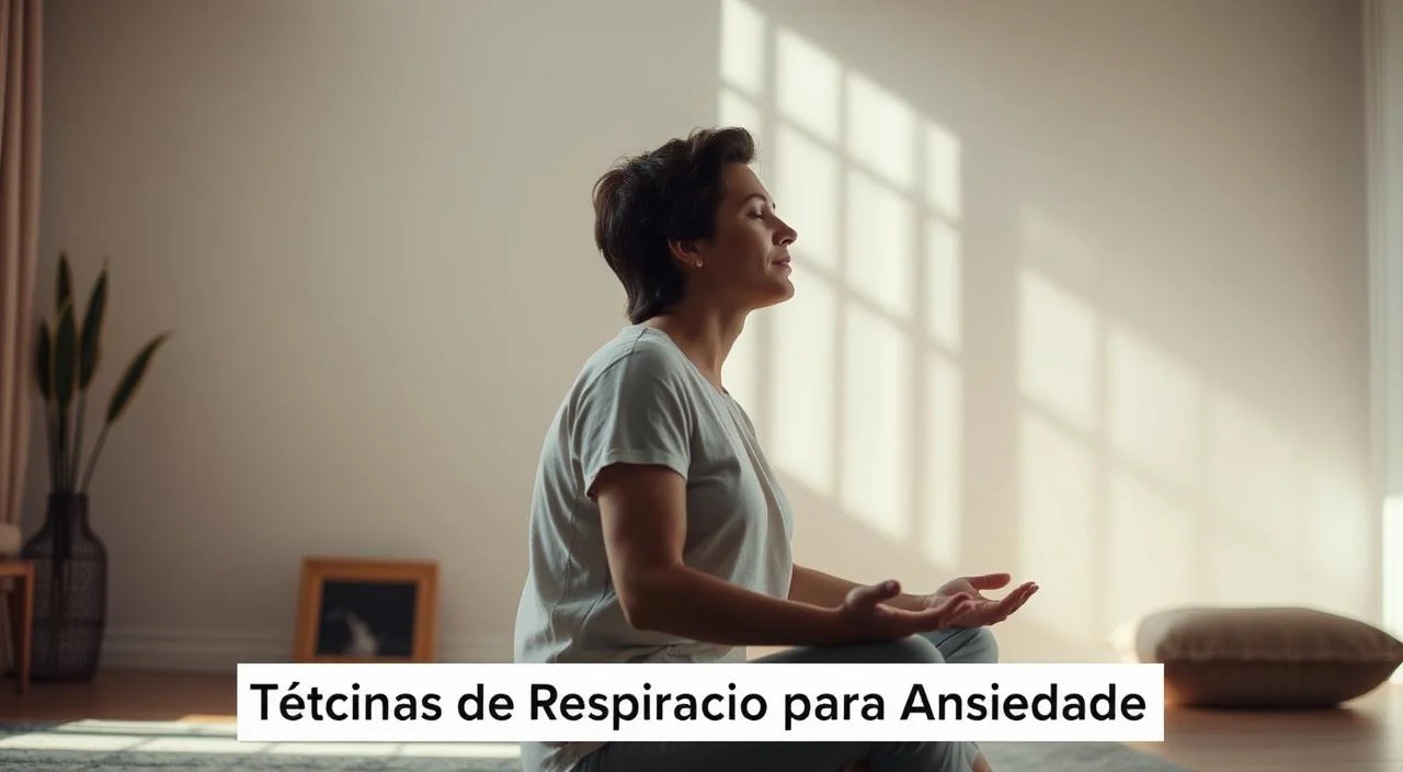 A serene indoor setting with a person sitting in a comfortable, upright position, focused on their breathing. The lighting is soft and natural, creating a calming atmosphere. The background features soothing, muted tones, with minimal distractions. The person's posture and facial expression convey a sense of peace and control, demonstrating the effectiveness of the breathing techniques. The image should evoke a sense of tranquility and stress relief, capturing the essence of the "Técnicas de Respiração para Ansiedade" section. A serene indoor setting with a person sitting in a comfortable, upright position, focused on their breathing.