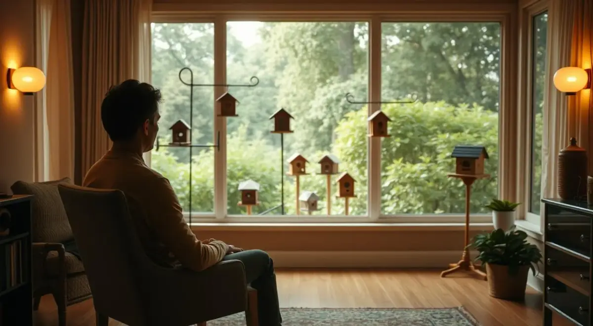 A serene indoor setting with a person sitting on a chair, facing a large window overlooking a lush garden. Natural light filters in, casting a warm, diffused glow throughout the space. The person is intently focused, their gaze directed towards a collection of birdhouses and feeders placed strategically within the outdoor scene. The arrangement suggests an immersive "exposure therapy" setup, designed to gradually desensitize the individual to their fear of birds. The overall atmosphere is one of contemplation, tranquility, and a sense of therapeutic progress. A serene indoor setting with a person sitting on a chair, facing a large window overlooking a lush garden.