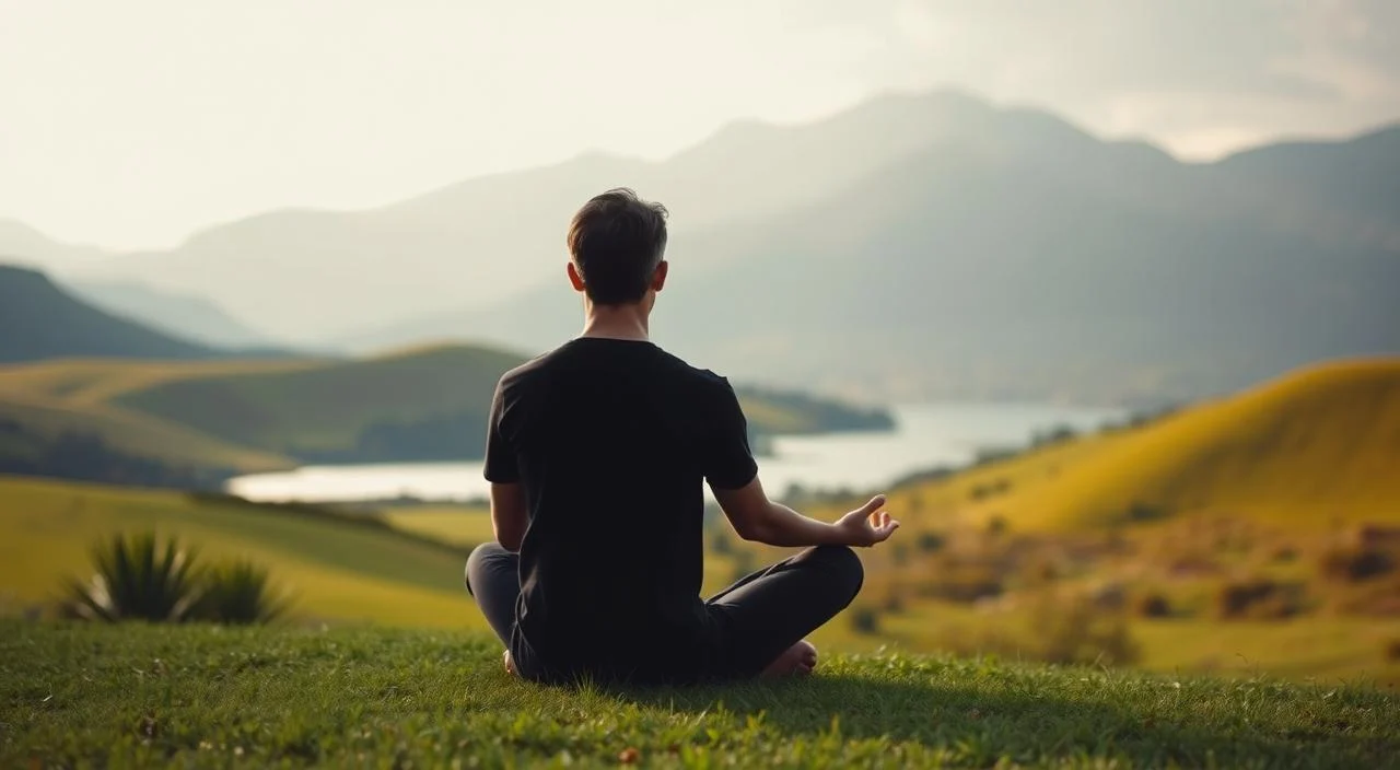 A serene, introspective scene depicting the importance of emotional self-awareness. In the foreground, a person sits cross-legged, eyes closed, hands resting on their lap, deeply immersed in meditation. The mid-ground features a lush, verdant landscape with rolling hills and a tranquil, reflective lake. The background showcases a breathtaking mountain range, bathed in warm, golden light. Soft, diffused lighting creates a calming, contemplative atmosphere, enhancing the individual's journey of emotional self-discovery. The overall composition conveys a sense of balance, inner peace, and the transformative power of emotional introspection. A serene, introspective scene depicting the importance of emotional self-awareness.