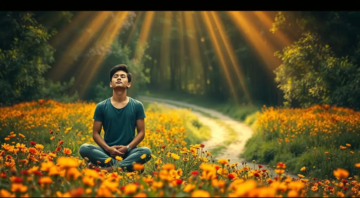 A serene, introspective scene depicting the journey of self-discovery and personal transformation. In the foreground, a thoughtful individual sits cross-legged, eyes closed, hands resting on their lap, radiating a sense of calm and inner focus. Surrounding them, a field of vibrant wildflowers in warm hues of yellow, orange, and red, symbolizing the blossoming of self-awareness. In the middle ground, a winding path leads into a lush, verdant forest, representing the unfolding journey of personal growth. Overhead, beams of warm, golden light filter through the canopy, creating a soft, ethereal atmosphere that enhances the sense of introspection and inner enlightenment. The overall mood is one of serenity, transformation, and the embrace of one's authentic self. A serene, introspective scene depicting the journey of self-discovery and personal transformation.