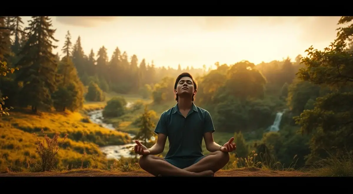 A serene, introspective scene of a person overcoming their fear of judgment. In the foreground, a figure sits cross-legged, eyes closed, their expression calm and tranquil, radiating an aura of self-acceptance. The middle ground features a lush, verdant landscape with towering trees and a flowing stream, symbolizing the journey towards inner peace. The background is bathed in warm, golden light, creating a sense of hope and transformation. The overall composition conveys a sense of personal growth, emotional liberation, and the power of self-discovery. A serene, introspective scene of a person overcoming their fear of judgment.