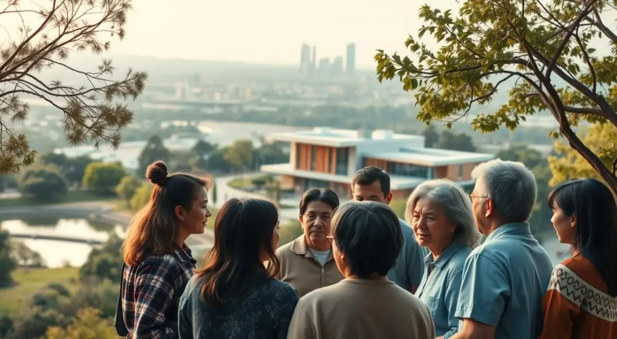 A serene landscape depicting the integration of mental health services. In the foreground, a group of people of diverse ages and backgrounds engage in a support group session, their expressions conveying a sense of connection and understanding. The middle ground features a modern healthcare facility with a warm, welcoming architecture, surrounded by lush greenery and a calming water feature. In the background, a cityscape with skyscrapers and infrastructure symbolizes the broader societal context, suggesting the integration of mental health services within the urban environment. The scene is bathed in soft, natural lighting, creating a sense of tranquility and well-being. The overall composition emphasizes the harmonious integration of mental health care into the fabric of the community. A serene landscape depicting the integration of mental health services.