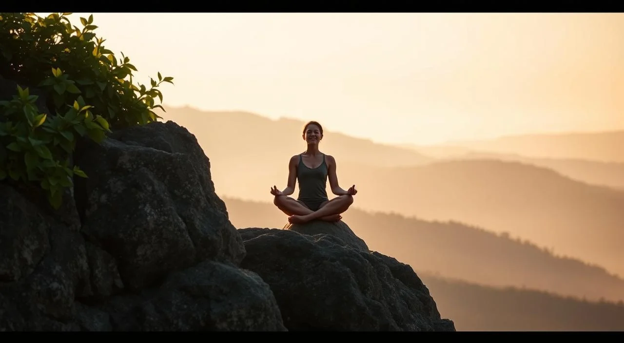 A serene landscape with a rocky outcrop in the foreground, partially covered in lush, verdant foliage. In the middle ground, a person sits in a meditative pose, their eyes closed, radiating an aura of inner strength and tranquility. The background features a distant, hazy mountain range bathed in warm, golden light, evoking a sense of solitude and introspection. The scene is captured with a soft, dreamlike quality, highlighting the harmony between the individual and the natural world, conveying the essence of "interior strength strategies". A serene landscape with a rocky outcrop in the foreground, partially covered in lush, verdant foliage.