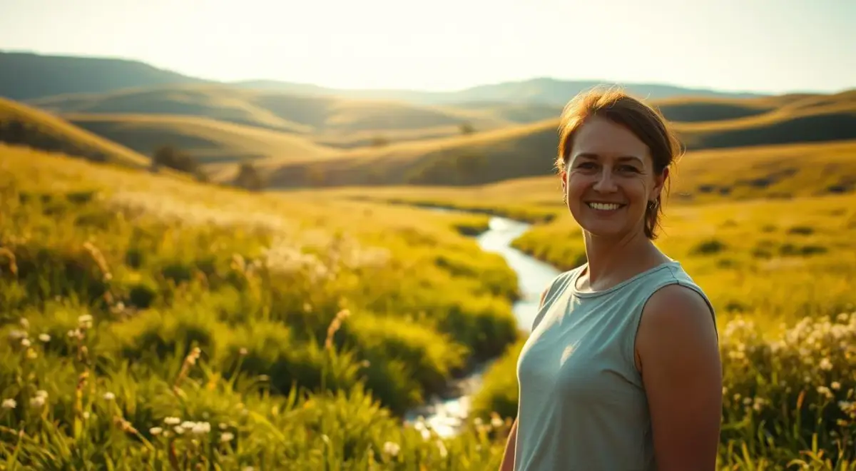 A serene meadow bathed in warm, golden sunlight. In the foreground, a person stands tall, their face radiating confidence and self-assurance. Their body language is relaxed, yet purposeful, conveying a sense of inner strength and self-acceptance. The middle ground features a lush, verdant landscape, with gently swaying wildflowers and a tranquil stream meandering through. In the background, rolling hills and a clear, azure sky create a peaceful, calming atmosphere. The scene evokes a sense of personal growth, resilience, and the embracing of one's inherent worth, embodying the essence of "fortalecendo autoestima" - strengthening self-esteem. A serene meadow bathed in warm, golden sunlight.