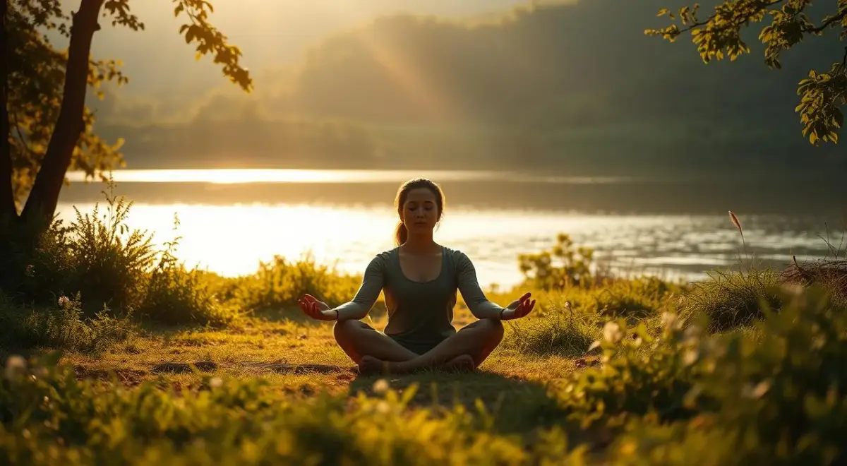 A serene, natural landscape with a person sitting cross-legged in a meditative pose, surrounded by lush greenery and a peaceful, calming atmosphere. The figure is bathed in soft, warm lighting, its expression calm and reflective, conveying a sense of inner peace and self-acceptance. In the background, a tranquil body of water reflects the scene, creating a sense of balance and harmony. The overall composition evokes a sense of mindfulness, self-awareness, and the process of overcoming the fear of judgment through inner exploration and self-acceptance. A serene, natural landscape with a person sitting cross-legged in a meditative pose, surrounded by lush greenery and a...