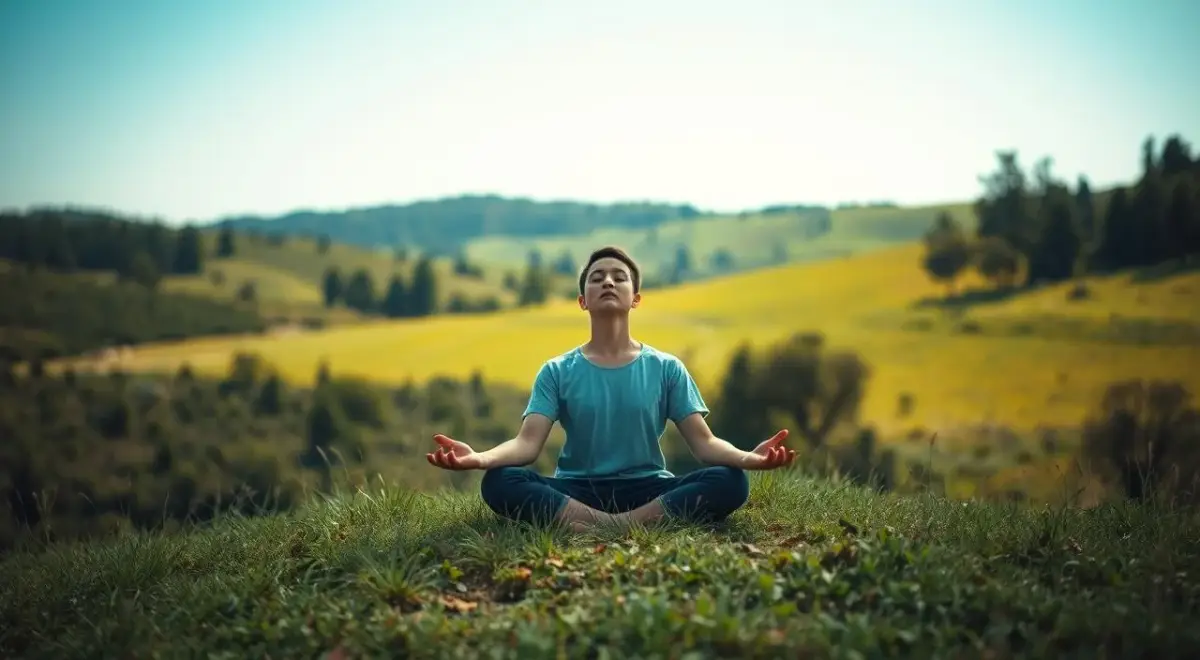 A serene, natural setting with a person seated in a peaceful meditative pose, practicing self-acceptance and authenticity. The foreground features a person sitting cross-legged on a grassy knoll, eyes closed and calm expression, radiating an aura of inner calm. The middle ground showcases a lush, verdant landscape with rolling hills, towering trees, and a clear blue sky above. Soft, diffused lighting bathes the scene, creating a warm, inviting atmosphere. The overall mood is one of introspection, self-reflection, and the embracing of one's true self, free from the constraints of judgment or societal expectations. A serene, natural setting with a person seated in a peaceful meditative pose, practicing self-acceptance and authenticity.
