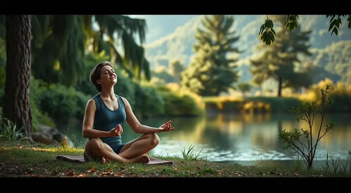 A serene outdoor scene, with a person practicing relaxation techniques near a tranquil lake.