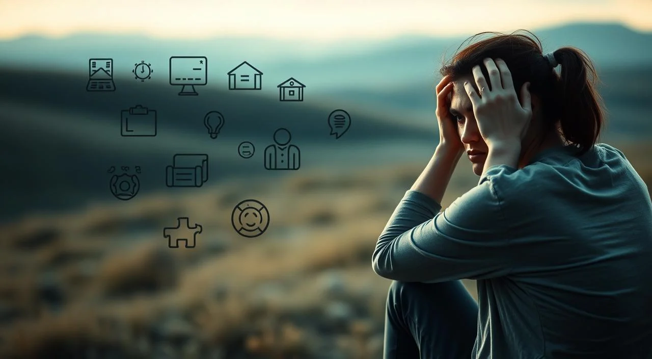 A serene, thoughtful scene depicting the key factors that contribute to anxiety. In the foreground, a person sits with a pensive expression, their hands resting on their head, conveying the psychological strain of anxiety. In the middle ground, abstract shapes and symbols representing common anxiety triggers such as work stress, financial pressures, and relationship difficulties. In the background, a softly blurred landscape with a fading horizon, creating a sense of inner turmoil and unease. The lighting is muted and atmospheric, with a hint of natural daylight filtering through, evoking a contemplative mood. The overall composition aims to visually capture the multifaceted nature of anxiety and its impact on the human experience. A serene, pensive scene depicting the key factors that contribute to anxiety.