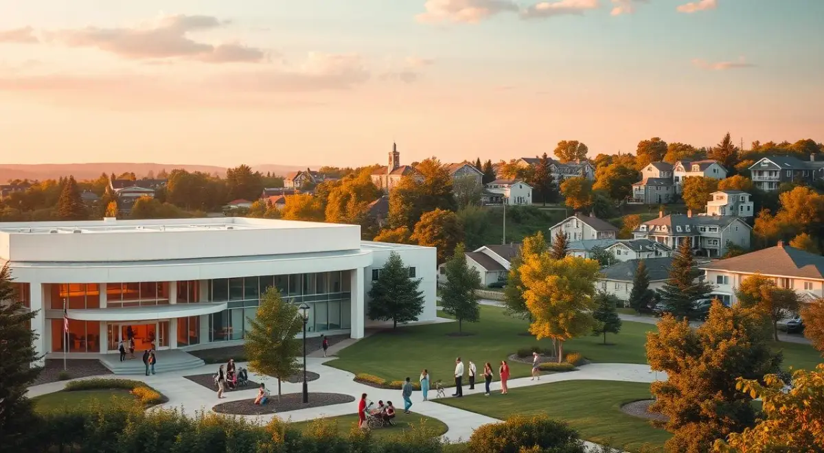 A serene psychiatric reform landscape, with a modern healthcare facility in the foreground, surrounded by lush greenery...