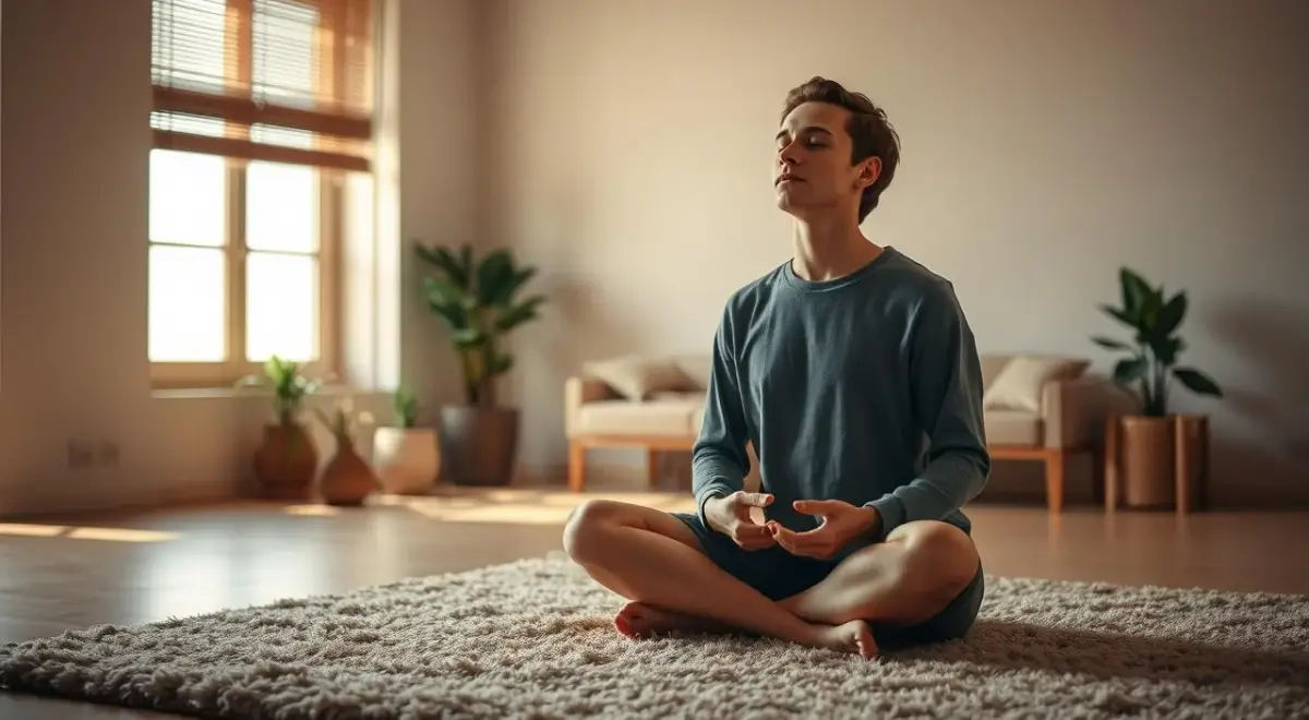 A serene, soft-lit scene of a person practicing relaxing breathing exercises. The foreground shows a person sitting cross-legged on a plush, earthy-toned rug, eyes closed in deep concentration as they inhale and exhale slowly and deliberately. The middle ground features a minimal, minimalist interior with natural wooden accents and a few lush potted plants, creating a calming, zen-like atmosphere. The background gently fades into a warm, diffused light, suggesting a peaceful, secluded space ideal for mindfulness and stress reduction. The overall mood is one of tranquility, focus, and restoration. A serene, soft-lit scene of a person practicing relaxing breathing exercises.