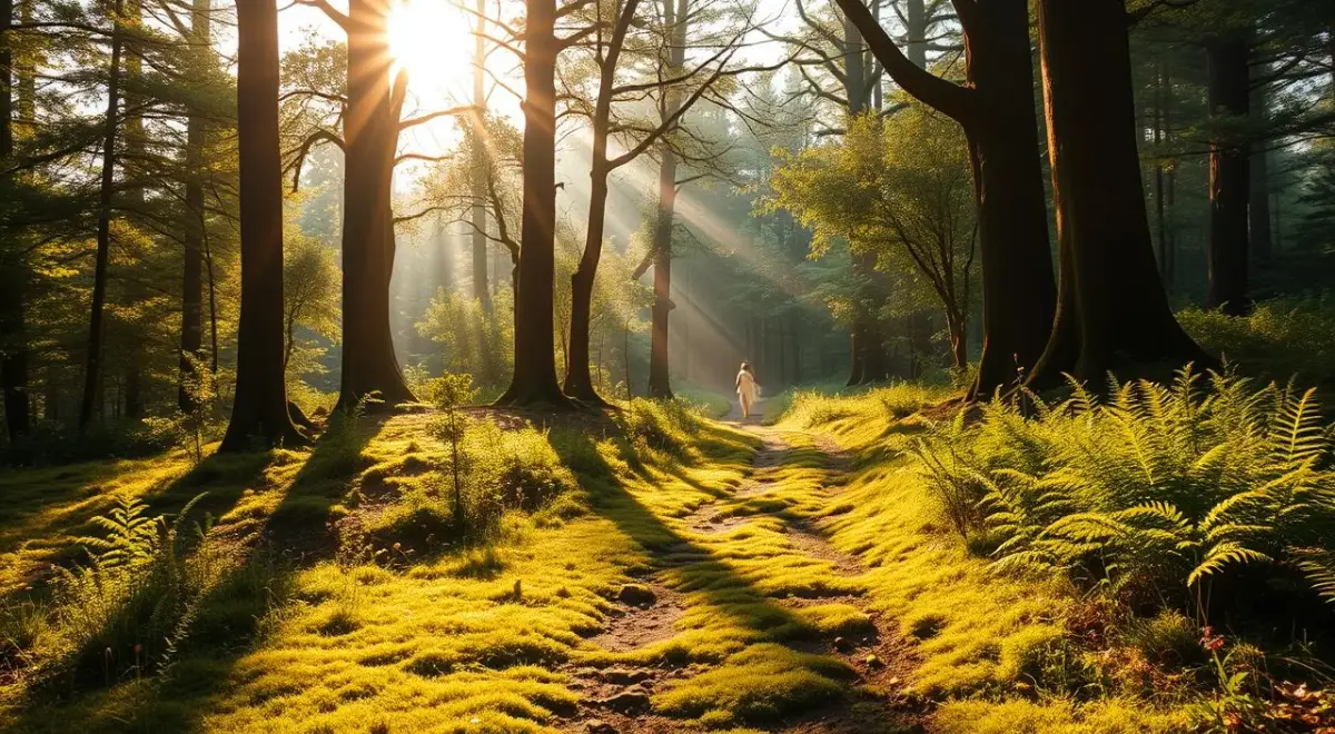 A serene, sun-dappled forest path winds through lush greenery, inviting the viewer inward.