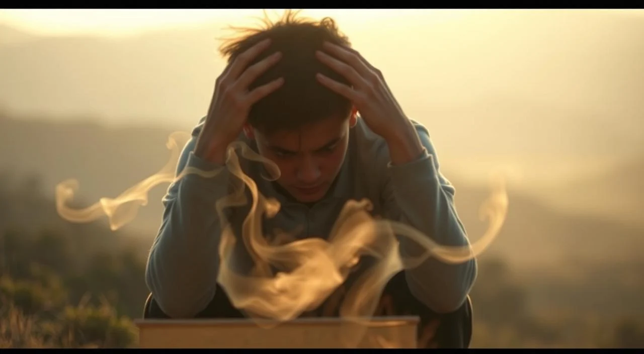 A serene, sunlit scene depicting the physical and emotional symptoms of anxiety. In the foreground, a person sits hunched, hands clutching their head, facial expression tense and troubled. Surrounding them, delicate tendrils of mist or smoke curl and swirl, representing the oppressive mental fog of anxiety. In the middle ground, the figure is partially obscured by these misty tendrils, symbolizing the overwhelming nature of the condition. The background is a softly blurred, soothing natural landscape, hinting at the restorative power of grounding oneself in the present moment. The lighting is gentle and warm, creating an atmosphere of introspection and vulnerability. The overall tone is one of quiet, relatable anguish, inviting the viewer to empathize with the experience of living with anxiety. A serene, sunlit scene depicting the physical and emotional symptoms of anxiety.