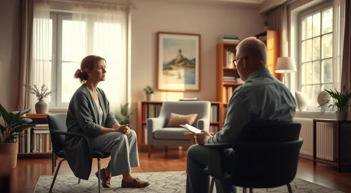 A serene therapy session unfolds in a warm, inviting room. In the foreground, a cognitive-behavioral therapist sits attentively, guiding a patient through an introspective exercise. The middle ground features a cozy armchair and a calming artwork on the wall, creating a sense of comfort and safety. The background showcases a bookshelf filled with resources, subtly hinting at the depth of knowledge and expertise within this innovative approach to treating advanced anxiety. Soft, natural lighting filters through large windows, casting a gentle glow and fostering an atmosphere of calm introspection. The scene conveys a harmonious blend of professionalism, empathy, and the transformative potential of cognitive-behavioral therapy. A serene therapy session unfolds in a warm, inviting room.