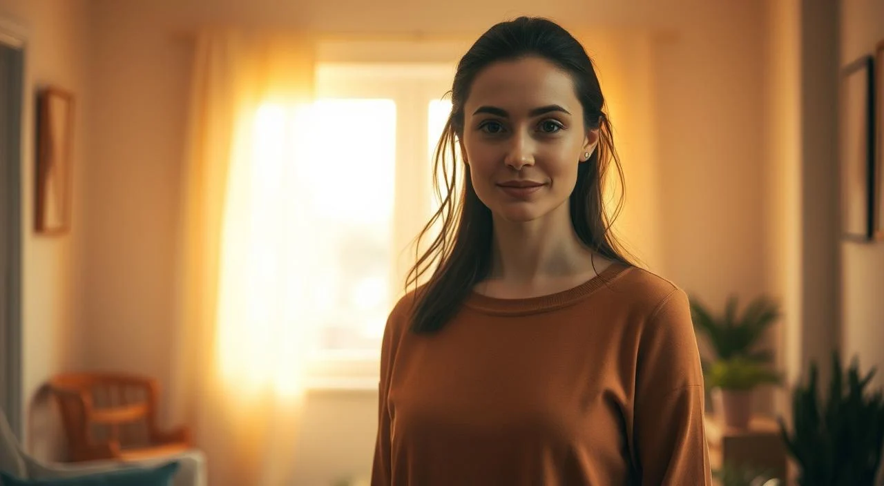 A serene, warm-lit indoor scene depicting a woman standing with an air of confidence and self-assurance. She is facing the viewer, her gaze direct and her posture upright, emanating a sense of self-acceptance and inner strength. The background is softly blurred, allowing the subject to be the focal point, bathed in a gentle, ethereal light that highlights her features and the tranquil mood. The composition is balanced and harmonious, conveying a sense of introspection and personal growth. The overall atmosphere is one of introspection, self-discovery, and the cultivation of authentic self-esteem. A serene, warm-lit indoor scene depicting a woman standing with an air of confidence and self-assurance.