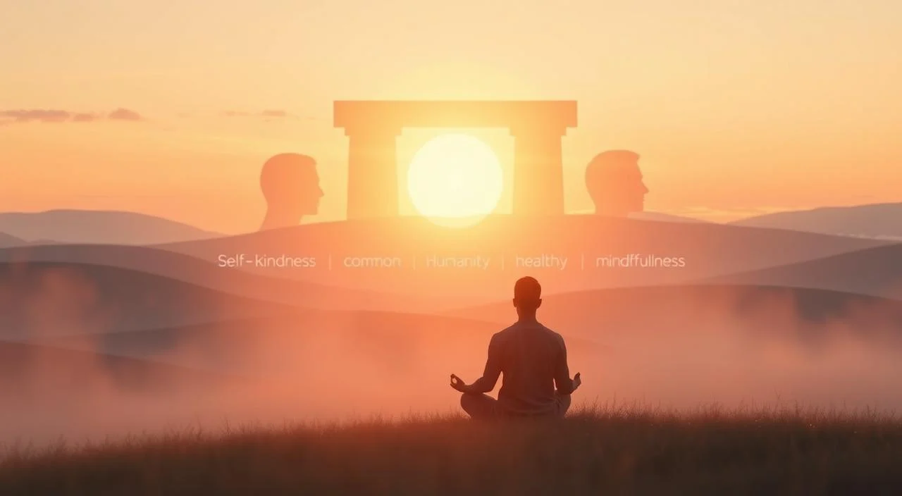 A serene, warm-lit scene depicting the "pillars of self-compassion".