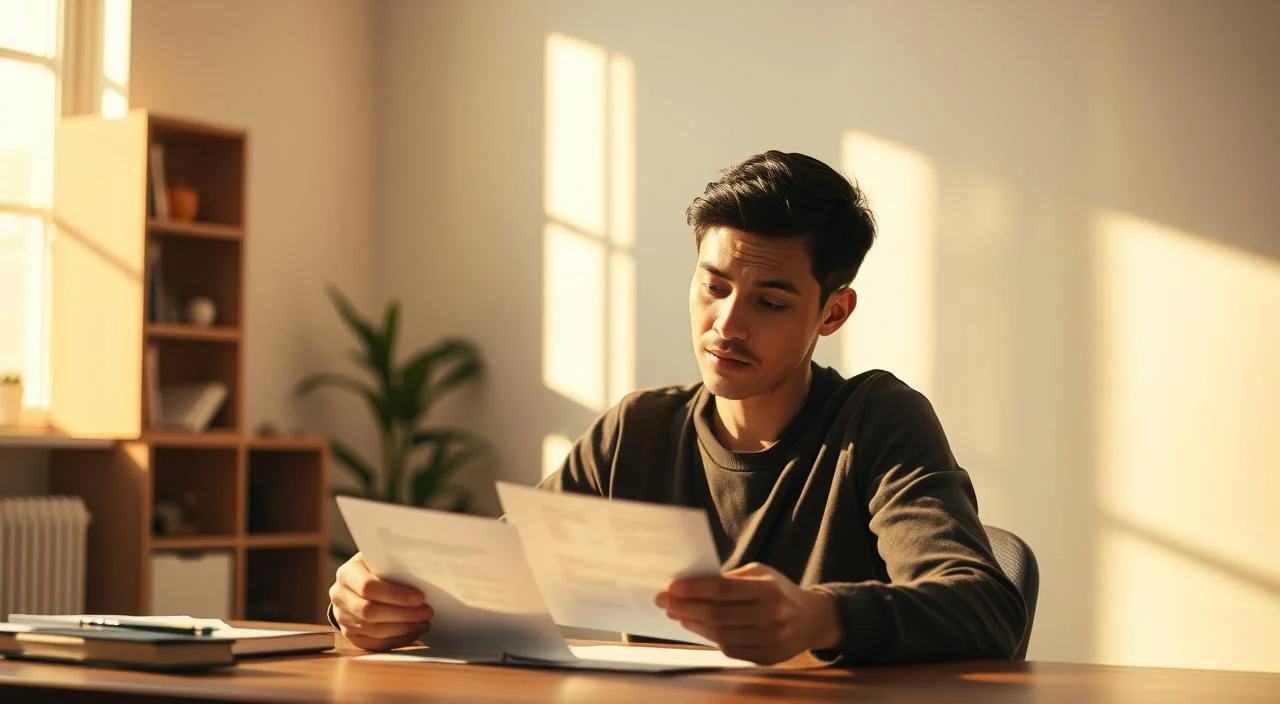Illustration about facing fear with professional support A serene, well-lit indoor scene depicting a person thoughtfully reviewing constructive feedback.