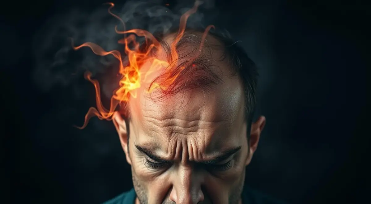 A somatized anxiety disorder manifested as a tense, throbbing headache. In the foreground, a close-up view of a human head with furrowed brows and a paneled expression. The temple region is highlighted, appearing inflamed and pulsating. The middle ground depicts a swirling, turbulent energy surrounding the head, representing the mental anguish and physical discomfort. In the background, a dark, hazy atmosphere conveys the overwhelming and debilitating nature of the condition. Dramatic lighting casts sharp shadows, adding to the sense of tension and distress. The image should evoke a visceral, embodied experience of the somatized anxiety and its impact on the individual. A somatized anxiety disorder manifested as a tense, throbbing headache.