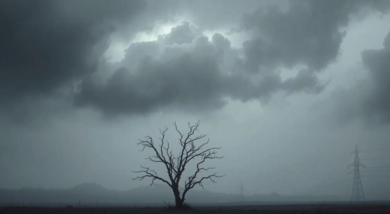 A somber, overcast scene depicts the "negativity bias" as a heavy, looming cloud casting a shadow over a desolate landscape. In the foreground, a single, withered tree stands alone, its bare branches reaching upwards as if grasping for the light. The middle ground is shrouded in a hazy mist, obscuring the details and creating a sense of uncertainty and unease. The background is a muted, monochromatic palette, emphasizing the dreary and oppressive atmosphere. The lighting is dim and moody, with subtle highlights and shadows accentuating the gloomy mood. The overall composition conveys a sense of isolation, hopelessness, and the overwhelming weight of negative thoughts and emotions. Illustration about facing fear with professional support