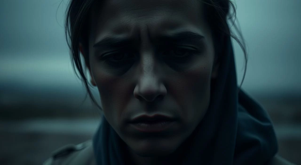 A dark self-portrait of a person's face reflecting negative self-image. The middle ground captures a distorted, shadowy reflection of the subject's features, eyes downcast and brow furrowed in a paneled expression. The background is a blurred, almost indistinct setting, conveying a sense of isolation and introspection. Muted, desaturated colors and soft, diffused lighting create an atmospheric, melancholic mood. The composition draws the viewer's attention to the central figure's inner turmoil and struggle with negative self-perception. A somber self-portrait of a person's face reflecting negative self-image.
