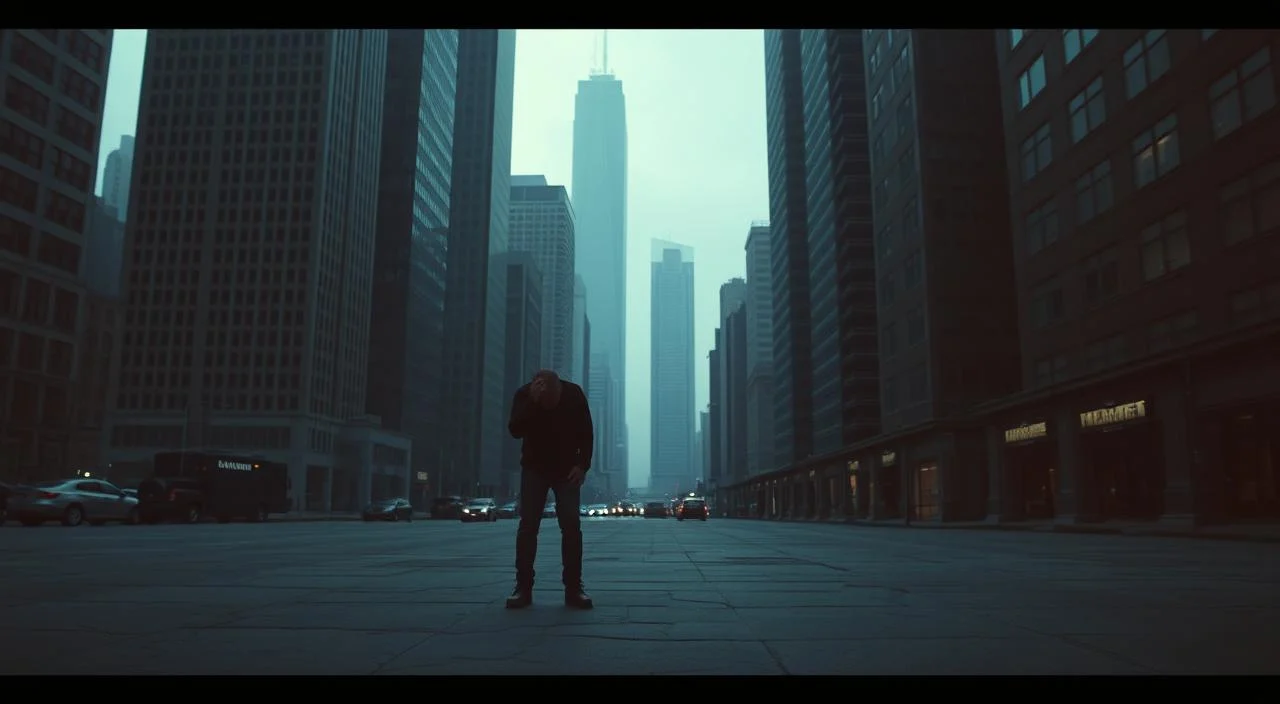 A stark cityscape bathed in gloomy hues, towering skyscrapers casting long shadows.