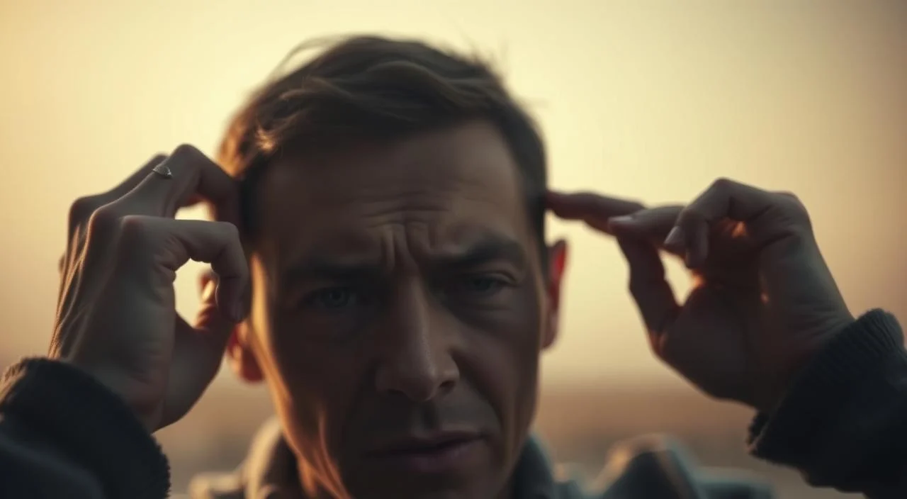 A study of the physical and emotional symptoms of anxiety. In the foreground, a close-up portrait of a person's face, with furrowed brows, wide eyes, and a tense expression conveying distress and unease. In the middle ground, the person's hands gripping the sides of their head, suggesting an overwhelming sense of worry or panic. The background is a blurred, hazy scene, evoking a sense of isolation and introspection. Soft, warm lighting casts gentle shadows, creating a contemplative and introspective atmosphere. The overall composition and mood aims to capture the inner turmoil and physiological manifestations of anxiety. A study of the physical and emotional symptoms of anxiety.
