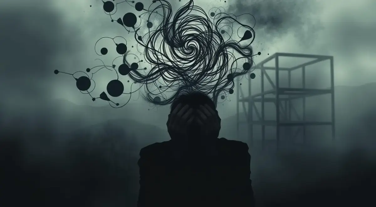 A surreal and introspective scene depicting the mental triggers of anxiety. In the foreground, a shadowy figure clutches its head, overwhelmed by swirling, abstract shapes representing anxious thoughts. The middle ground features a maze-like structure, symbolizing the complex, tangled nature of anxiety triggers. In the background, a hazy, dreamlike landscape shrouded in muted colors conveys the emotional and psychological turmoil. Dramatic chiaroscuro lighting casts deep shadows, heightening the sense of unease and inner conflict. The overall composition evokes the disorienting and distressing experience of anxiety's mental catalysts. A surreal and introspective scene depicting the mental triggers of anxiety.