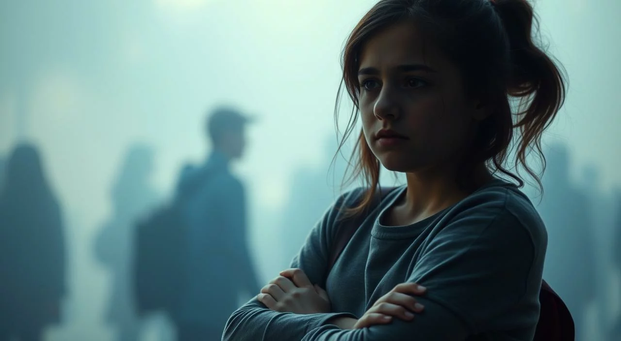 A teenage girl stands alone, her face etched with anxiety, as she navigates the daunting social landscape of adolescence. The scene is bathed in a soft, dreamy light, creating an atmosphere of vulnerability and introspection. In the background, hazy silhouettes of her peers loom, representing the perceived judgmental gaze she fears. The girl's body language conveys a sense of self-consciousness, her arms crossed protectively as she contemplates the weight of others' opinions. The composition emphasizes her isolation, the empty space around her symbolizing the internal struggle she experiences. This image captures the essence of the "fear of judgment in adolescence" - the profound sense of insecurity and the overwhelming desire to be accepted by one's peers. A teenage girl stands alone, her face etched with anxiety, as she navigates the daunting social landscape of adolescence.
