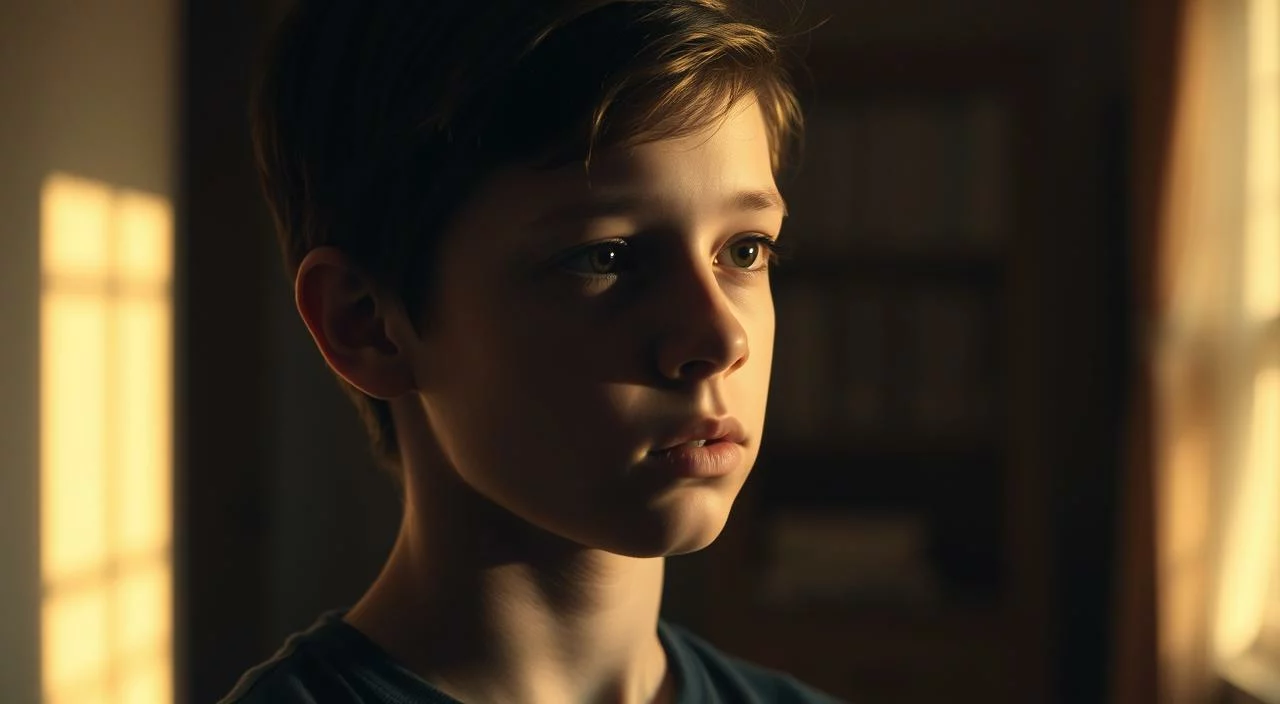 A thoughtful young person, their expression etched with the weight of self-consciousness, stands in a dimly lit room. Soft shadows play across their face, hinting at the internal turmoil of navigating the fear of judgment from peers. The background is blurred, keeping the focus on the emotional intensity of the moment. Warm, muted tones evoke a sense of vulnerability, while the angle and lighting suggest an introspective, almost melancholic mood. This image aims to capture the profound emotional impacts that the fear of judgment can have on adolescents during a formative stage of their development. A thoughtful young person, their expression etched with the weight of self-consciousness, stands in a dimly lit room.