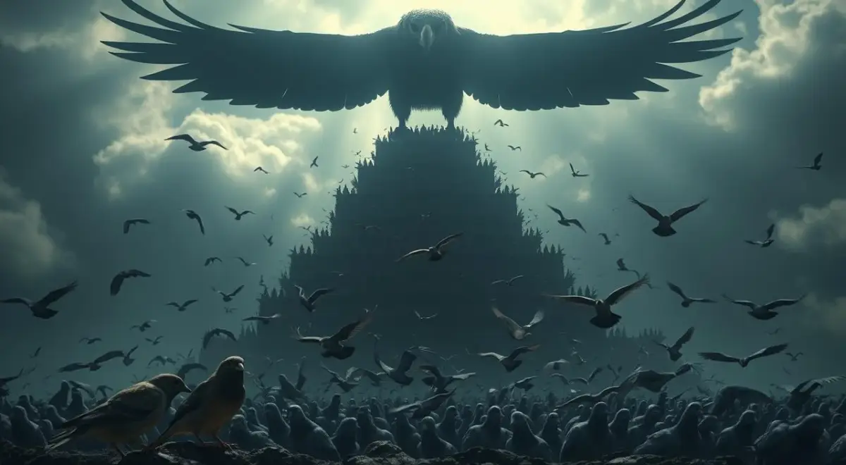 A towering hierarchy of phobias, with a massive, looming avian silhouette casting an ominous shadow over a landscape of increasingly smaller, more deceiving bird depictions. The foreground features a detailed, life-sized sparrow trembling in fear, while the middle ground showcases a flock of pigeons taking flight in a panic. In the distant background, larger birds like hawks and eagles loom, creating an overwhelming sense of escalating dread. The scene is bathed in dramatic, chiaroscuro lighting, enhancing the contrast between the imposing avian presence and the cowering, helpless figures below. The overall composition conveys the sense of a carefully constructed, layered psychological landscape, mirroring the complex and hierarchical nature of the subject's phobic experience. A towering hierarchy of phobias, with a massive, looming avian silhouette casting an ominous shadow over a landscape of...