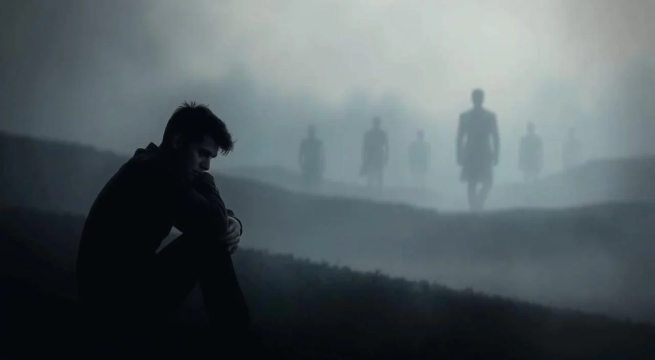 A tranquil, dimly lit scene depicting the inception of anxiety. In the foreground, a lone figure sits hunched, its expression tense and brow furrowed, as if consumed by intrusive thoughts. The middle ground reveals a hazy, dreamlike landscape, where shadowy figures loom, representing the gradual encroachment of anxious feelings. The background is shrouded in a soft, muted palette, evoking a sense of unease and the gradual fading of clarity. Soft, diffused lighting casts a melancholic glow, while a subtle depth of field emphasizes the subject's isolation. The overall atmosphere conveys the subtle, insidious nature of anxiety's origins, hinting at the journey towards its full manifestation. A tranquil, dimly lit scene depicting the inception of anxiety.