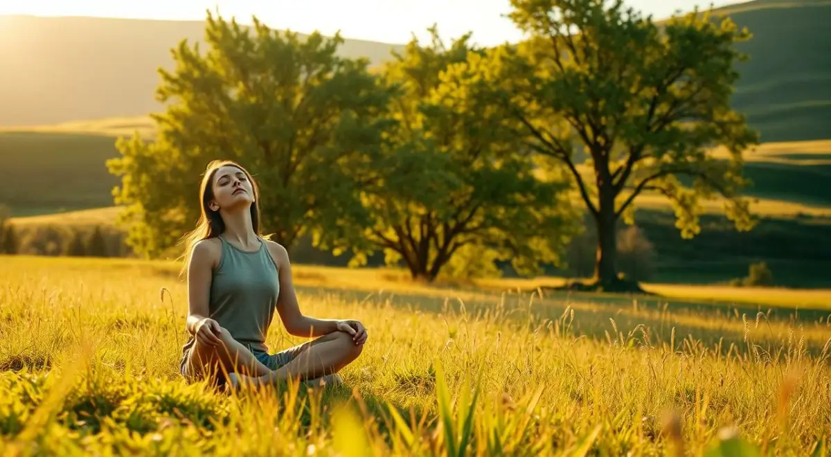 A tranquil meadow bathed in soft, golden sunlight. In the foreground, a person sits cross-legged, eyes closed, hands resting gently on their lap, exuding a sense of inner peace and serenity. The middle ground features a cluster of lush, verdant trees, their branches swaying gently in a light breeze. In the background, a distant, rolling hill provides a sense of depth and perspective. The overall atmosphere conveys a calming, introspective mood, inviting the viewer to reflect on strategies for overcoming the fear of judgment and embracing self-acceptance. A tranquil meadow bathed in soft, golden sunlight.