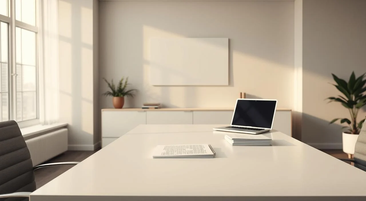 A tranquil office setting, with a sleek and modern desk as the focal point. On the desk, a laptop and a stack of papers, symbolizing the process of reviewing and filtering feedback. The background features a minimalist wall decor, with a large window letting in soft, diffused natural light that creates a serene ambiance. The overall atmosphere conveys a sense of thoughtfulness and focus, inviting the viewer to engage with the art of processing feedback constructively. The scene is captured through a medium-wide angle lens, allowing for a balanced composition that draws attention to the central elements. A tranquil office setting, with a sleek and modern desk as the focal point.
