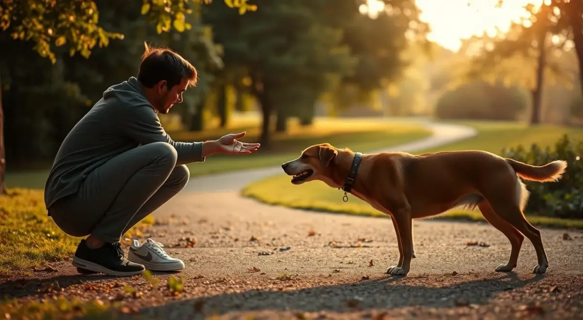 A tranquil outdoor scene of a person gradually introducing themselves to a friendly dog in a park setting. The foreground shows the person crouching down, hand extended, as the dog cautiously approaches. The middle ground features lush greenery and a winding path, creating a sense of openness and safety. The background showcases a warm, golden-hour lighting that bathes the scene in a calming, inviting glow. The composition is balanced, with the figures positioned to draw the viewer's eye towards the interaction, conveying a sense of gradual progress and growing comfort between the person and the dog. A tranquil outdoor scene of a person gradually introducing themselves to a friendly dog in a park setting.
