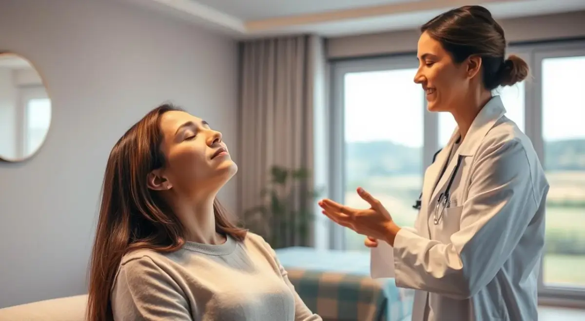 A tranquil scene of a patient undergoing hypnotherapy to manage chronic pain. In the foreground, a practitioner in a white coat gently guides the patient, eyes closed, into a state of deep relaxation. Soft, diffused lighting creates a soothing atmosphere, while the middle ground features a cozy, minimalist treatment room with calming pastel tones. In the background, a large window offers a glimpse of a serene, natural landscape, symbolizing the harmony between the mind and body. The overall composition conveys a sense of trust, comfort, and the therapeutic power of hypnosis in addressing chronic discomfort. A tranquil scene of a patient undergoing hypnotherapy to manage chronic pain.